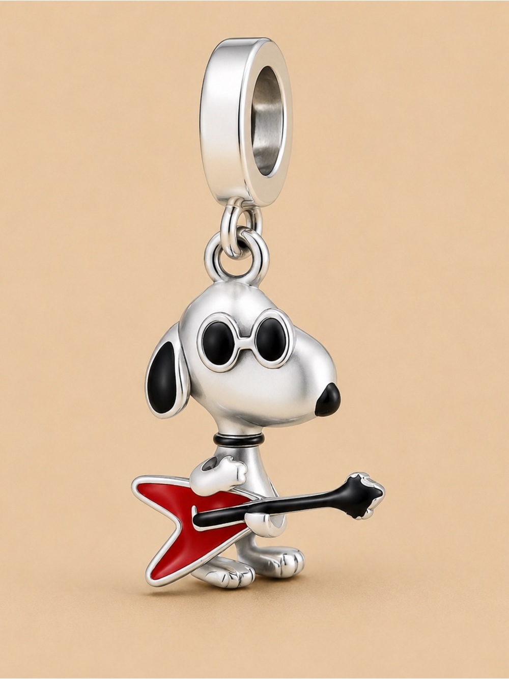 Snoopy Silver Dog Charm with Red Guitar - Pet/Collectible Accessory